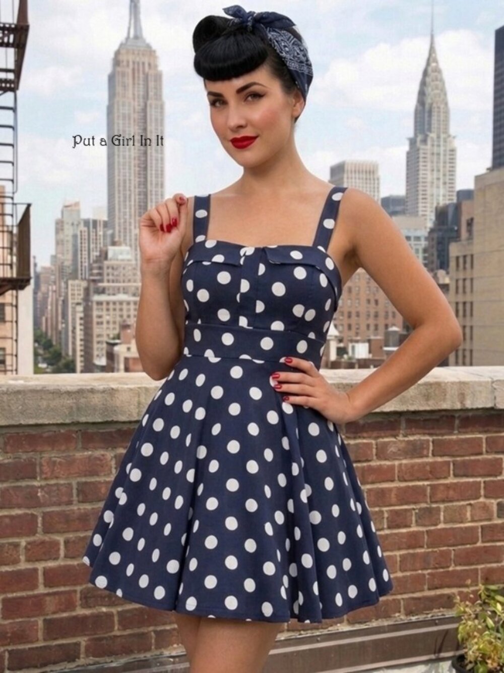 New USA Rockabilly Retro Women's Navy Blue Polka Dot Cotton Pinup 50s Dress M L